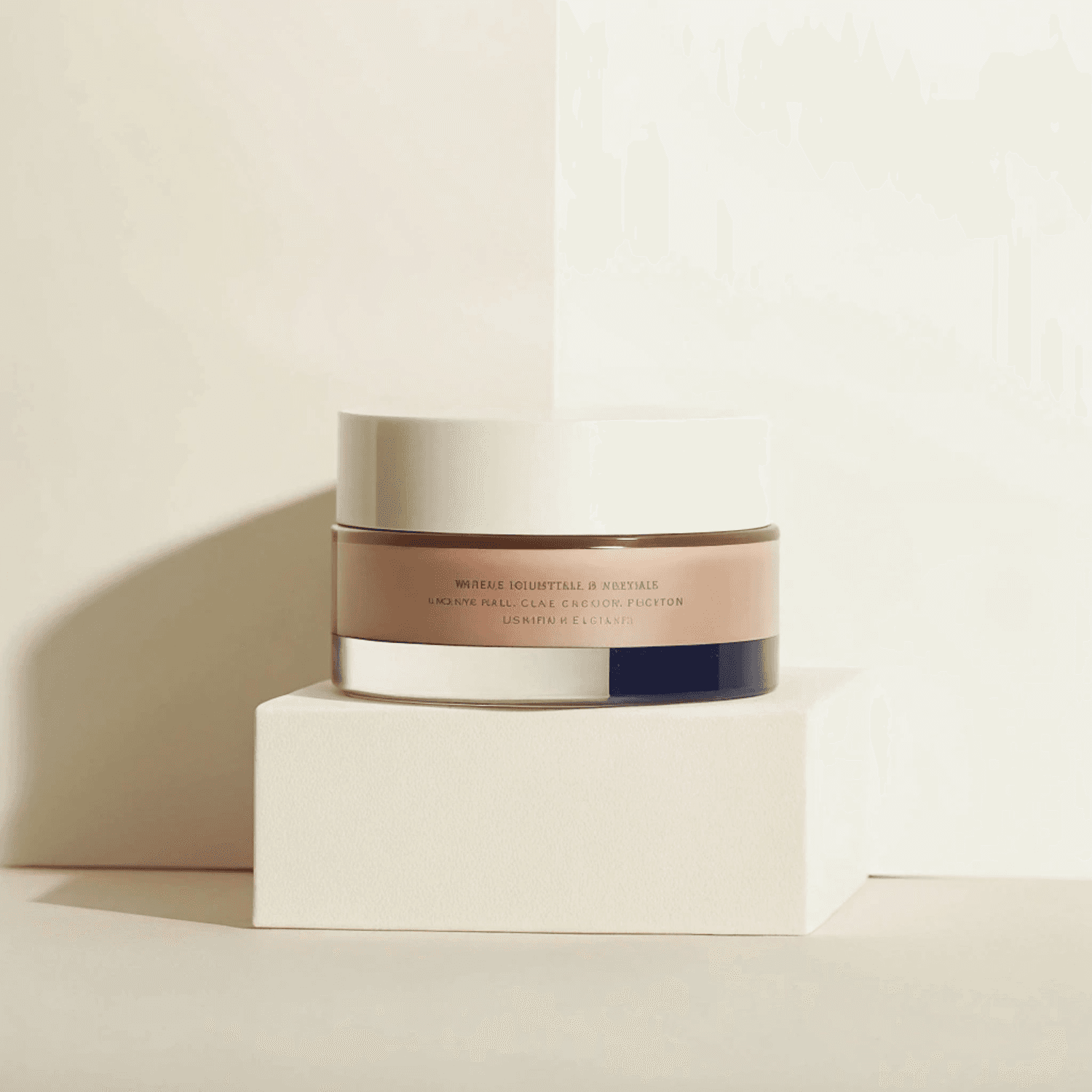 Cosmetic jar on a white pedestal in soft light