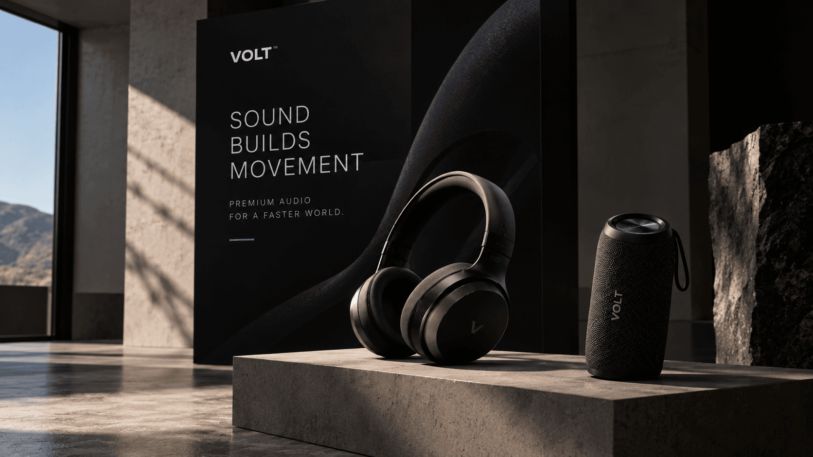 VOLT headphones and speaker on a stone plinth in front of a Sound Builds Movement campaign poster